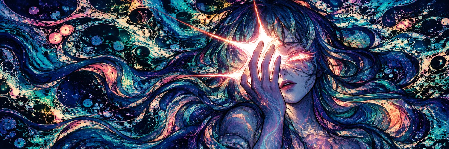 A luminous dreamer surrounded by flowing psychedelic blue and teal waves