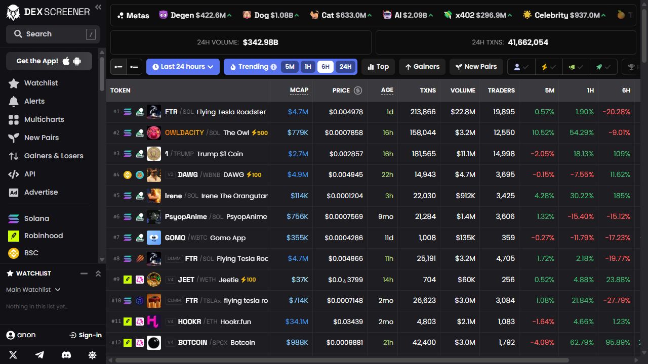 DEX Screener homepage market overview, captured October 16, 2026