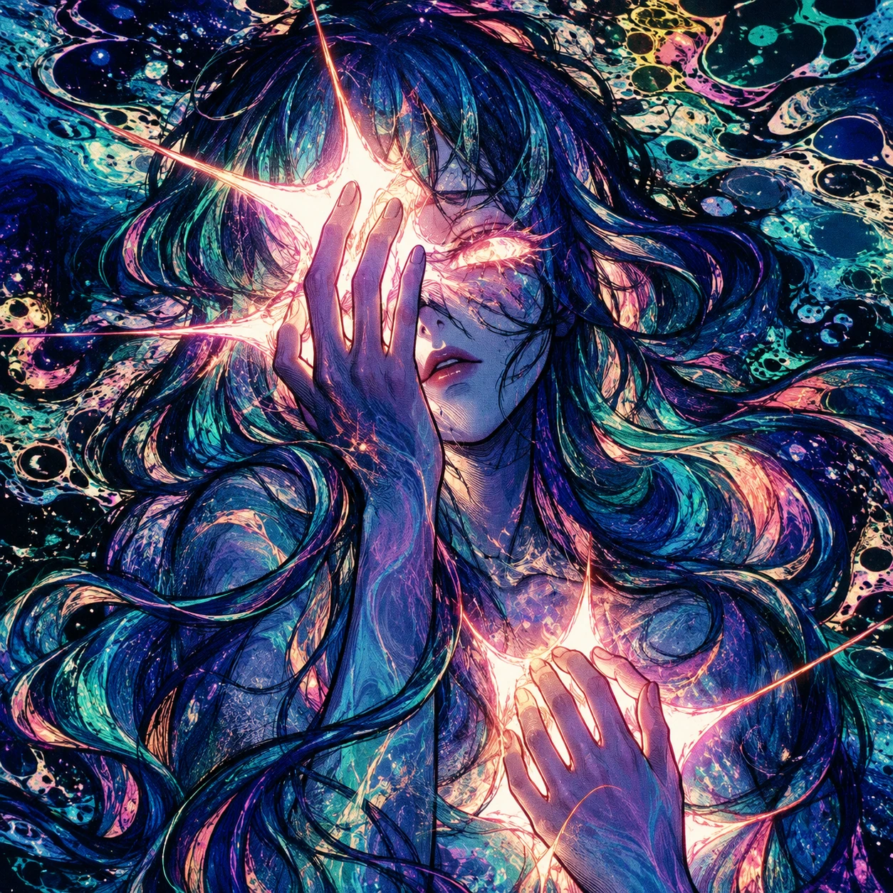 The udream dreamer with flowing blue hair and brilliant coral stars