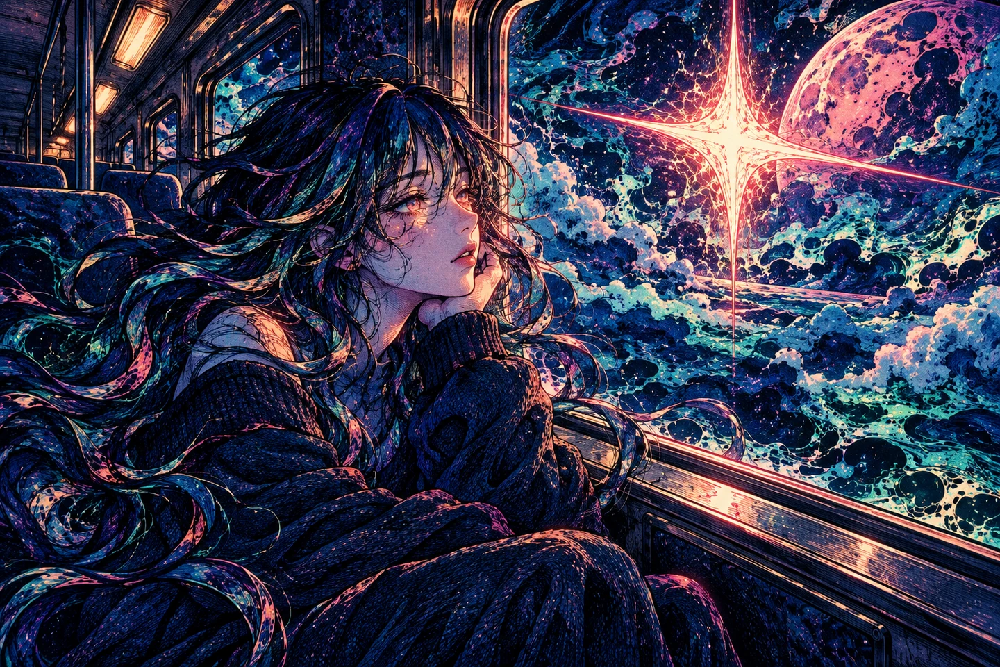The dreamer rides a midnight train through an impossible ocean of stars