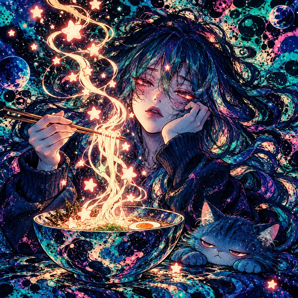The dreamer watches ramen noodles become stars while a sleepy blue cat judges her